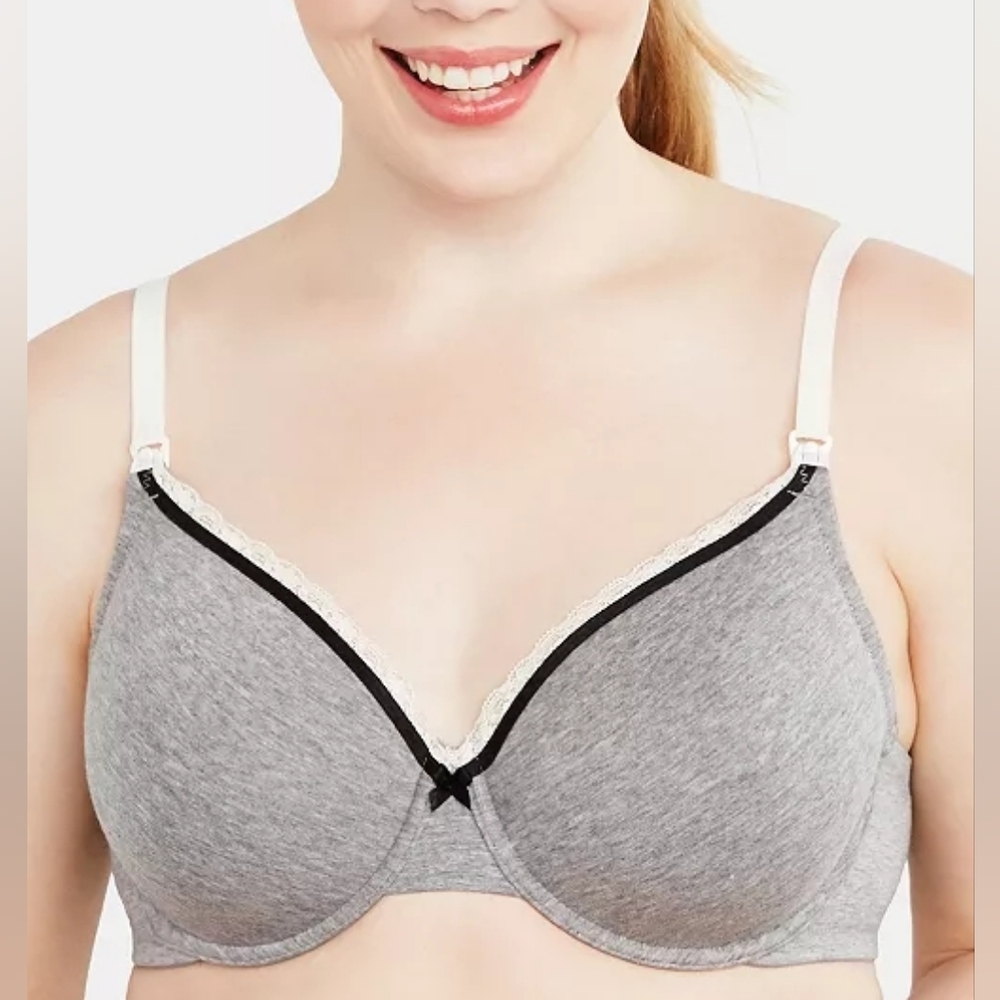 NWT Motherhood Maternity Nursing Bra 36DD Gray Full Coverage Lace Bow Trim